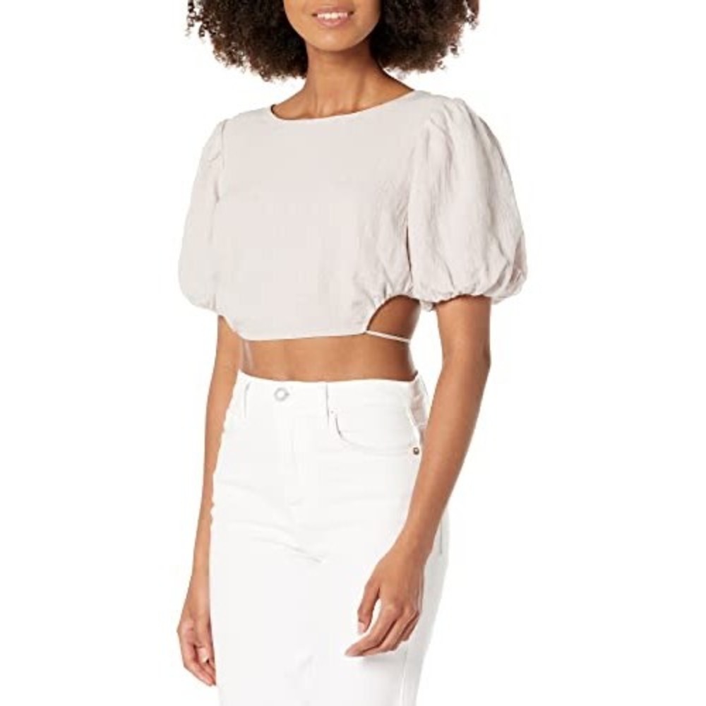 ASTR The Label Womens Beige Linen Puff‎ Sleeve Open Back Tie Crop Top Size Large